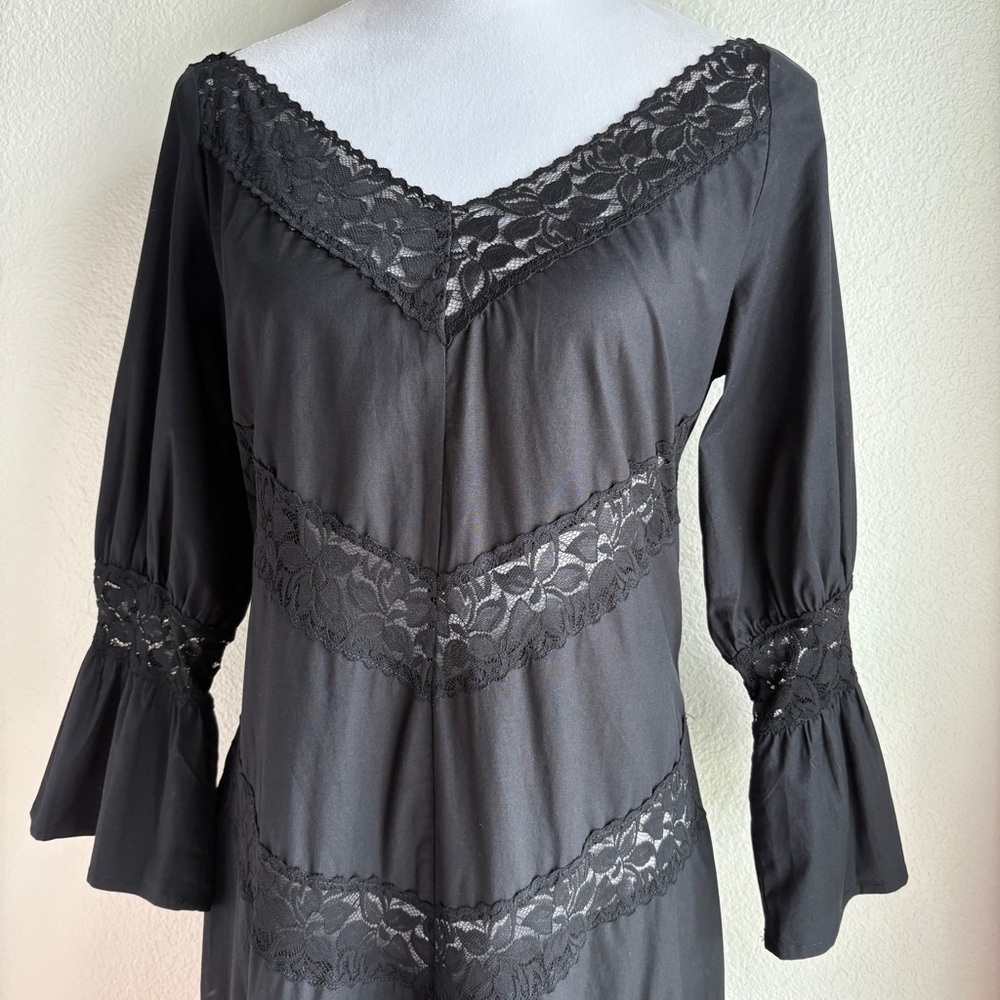 Kookai Black Cotton Lace Trim Tiered Bell Sleeve Midi Dress FR 42/US 10